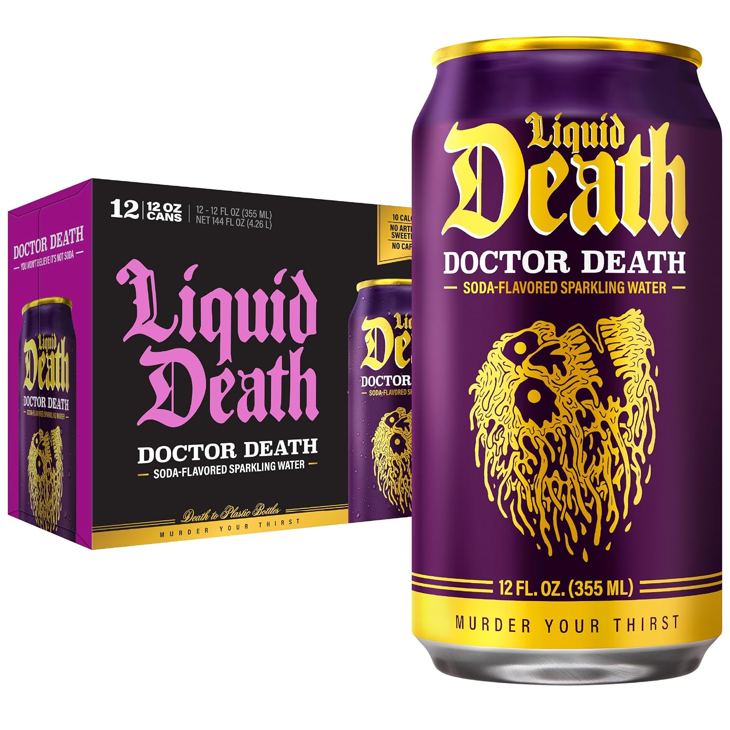 Liquid Death Soda Alternative - Doctor Death (Cherry, Cream, Spice), 10 Calories, 2g Sugar, No Caffeine, No Artificial Colors or Dyes, Soda Flavored Sparkling Water, 12 Fl Oz (Pack of 12)
