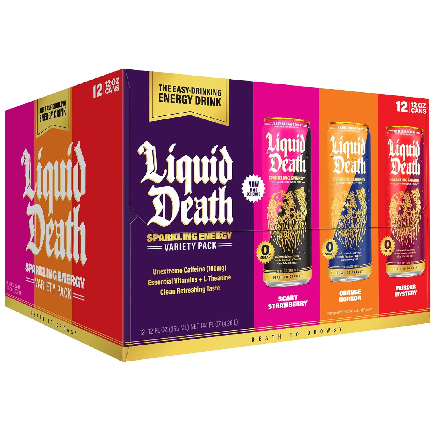 Liquid Death Energy Variety Pack, Zero Sugar Energy Drink, Unextreme Caffeine 100mg, Essential Vitamins, 3 Flavors: Strawberry, Orange, and Murder Mystery, 12 Fl Oz (Pack of 12)