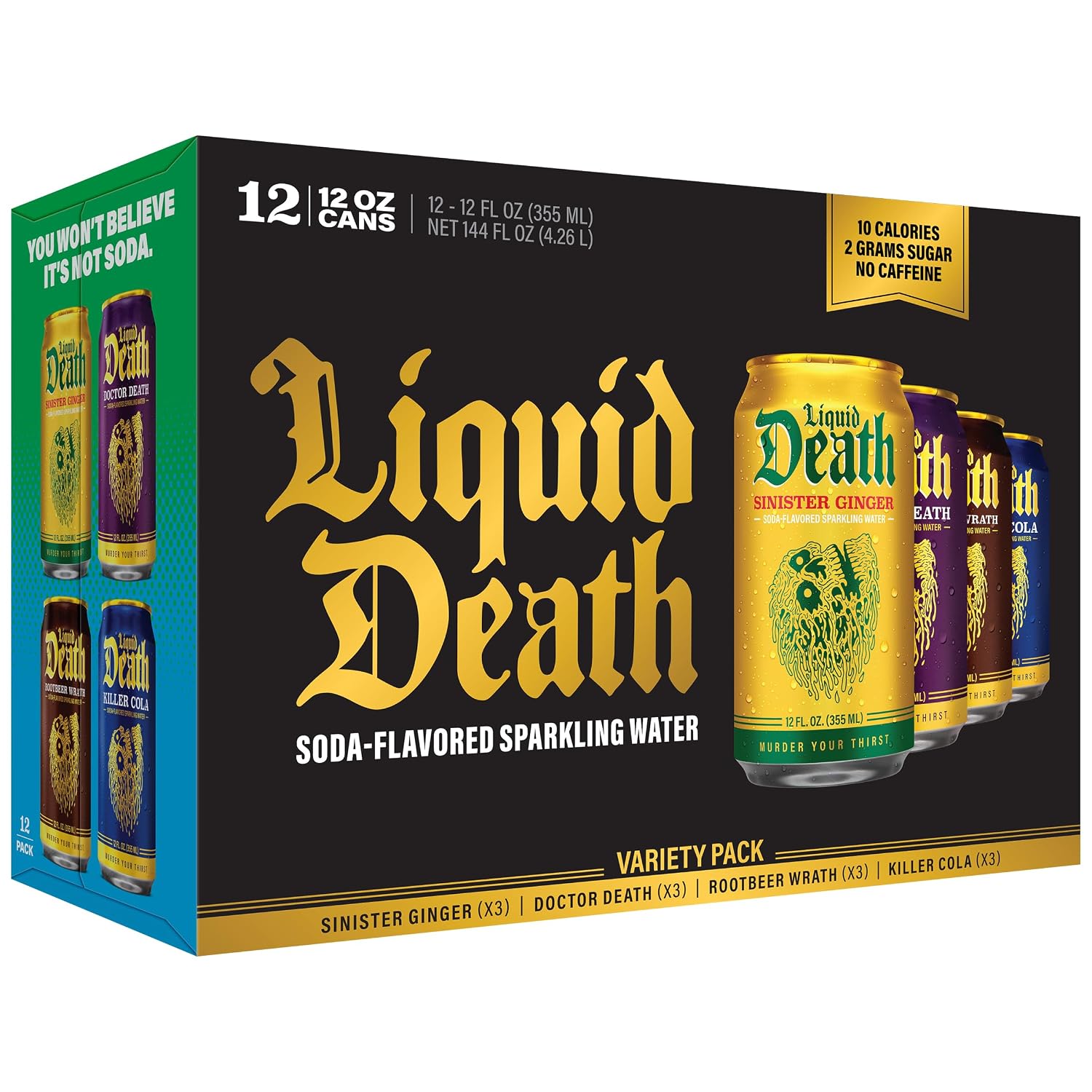 Liquid Death Soda Alternative - Classic Variety 2, 10 Calories, 2g Sugar, No Caffeine, No Artificial Colors or Dyes, Soda Flavored Sparkling Water, 4 Flavors: Sinister Ginger, Doctor Death, Cola, Root Beer, 12 Fl Oz (Pack of 12)