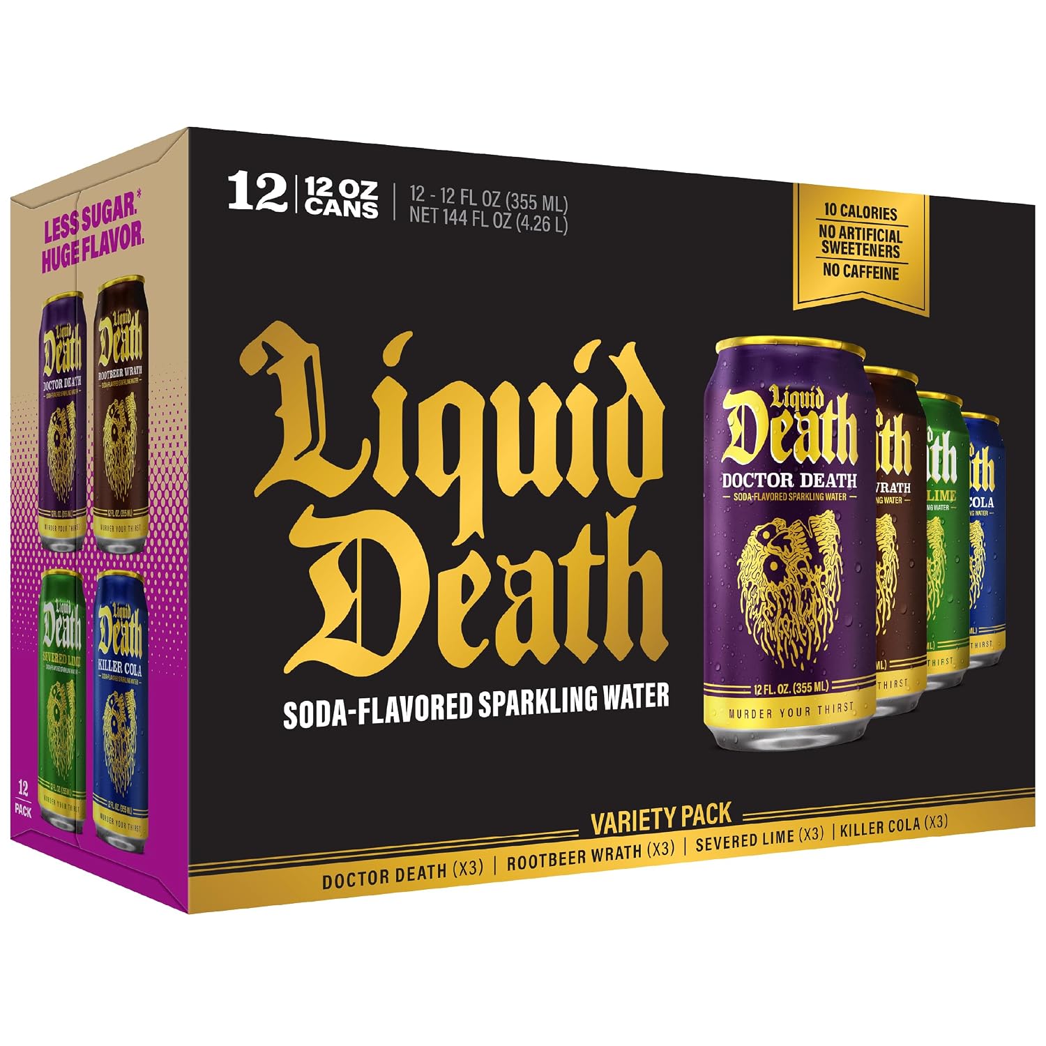Liquid Death Soda Alternative - Classic Variety, 10 Calories, 2g Sugar, No Caffeine, No Artificial Colors or Dyes, Soda Flavored Sparkling Water, 4 Flavors: Lime, Doctor Death, Cola, Root Beer, 12 Fl Oz (Pack of 12)