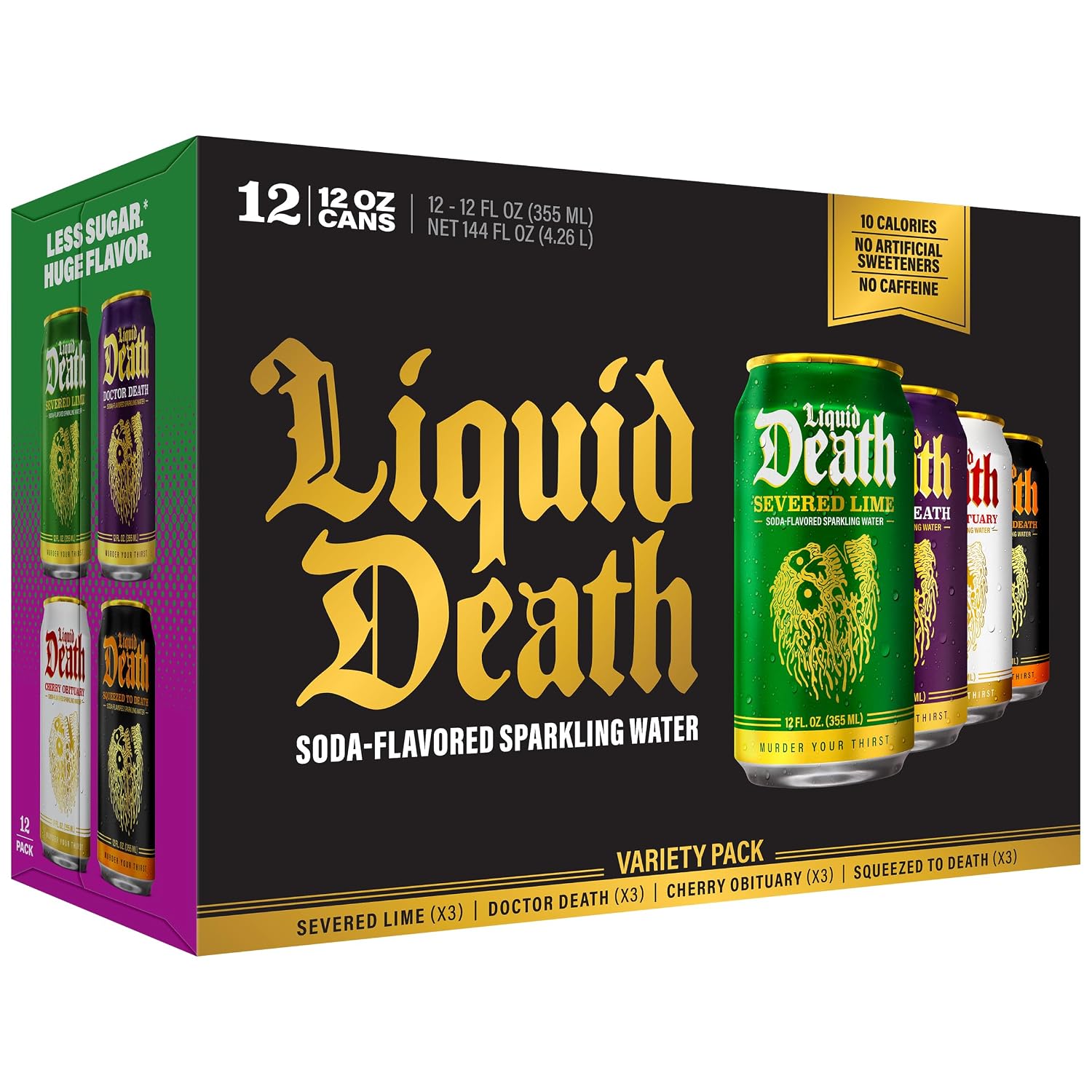 Liquid Death Soda Alternative - Soda Fountain Favorites Variety, 10 Calories, 2g Sugar, No Caffeine, No Artificial Colors or Dyes, Soda Flavored Sparkling Water, 4 Flavors: Lime, Doctor Death, Cherry, and Orange, 12 Fl Oz (Pack of 12)
