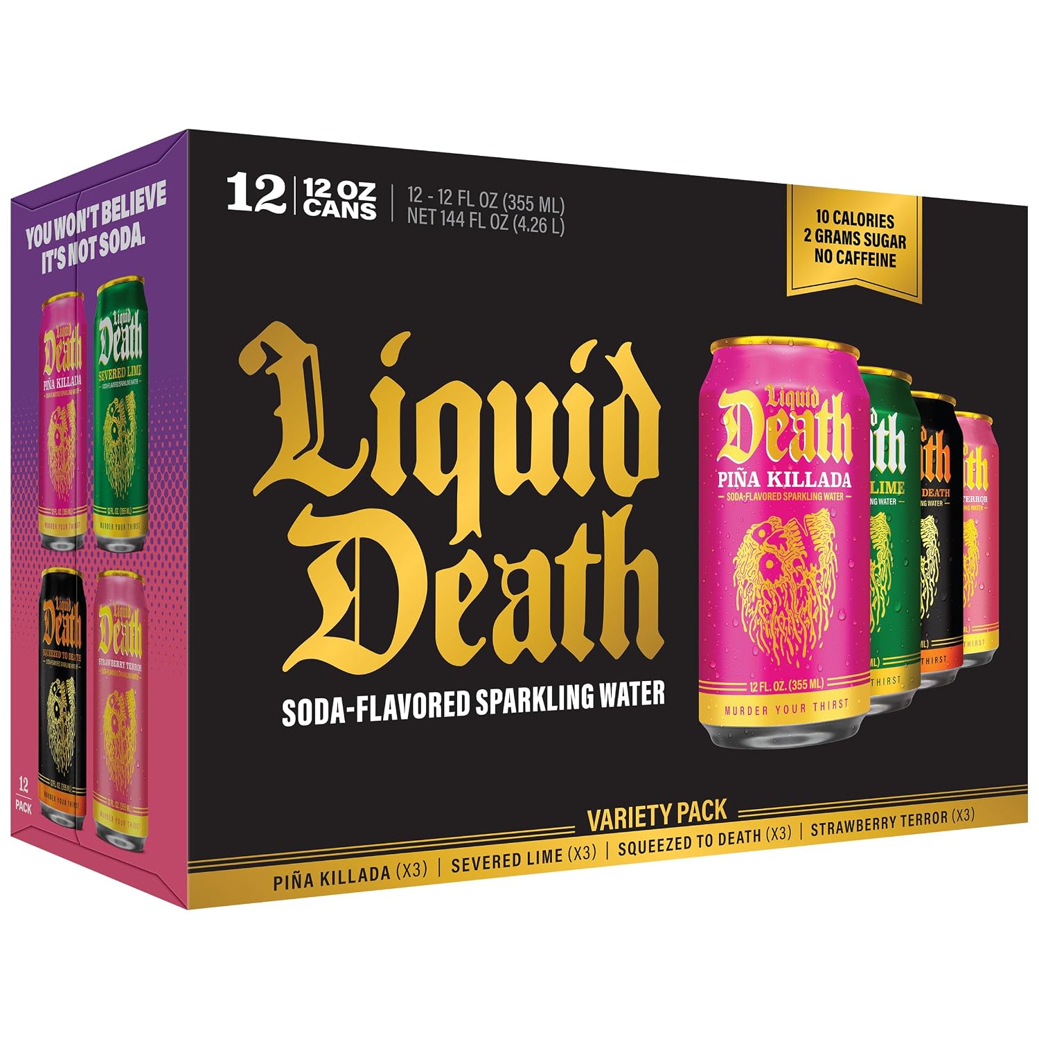 Liquid Death Soda Alternative - Modern Variety, 10 Calories, 2g Sugar, No Caffeine, No Artificial Colors or Dyes, Soda Flavored Sparkling Water, 4 Flavors: Lime, Orange, Strawberry, Piña Killada, 12 Fl Oz (Pack of 12)