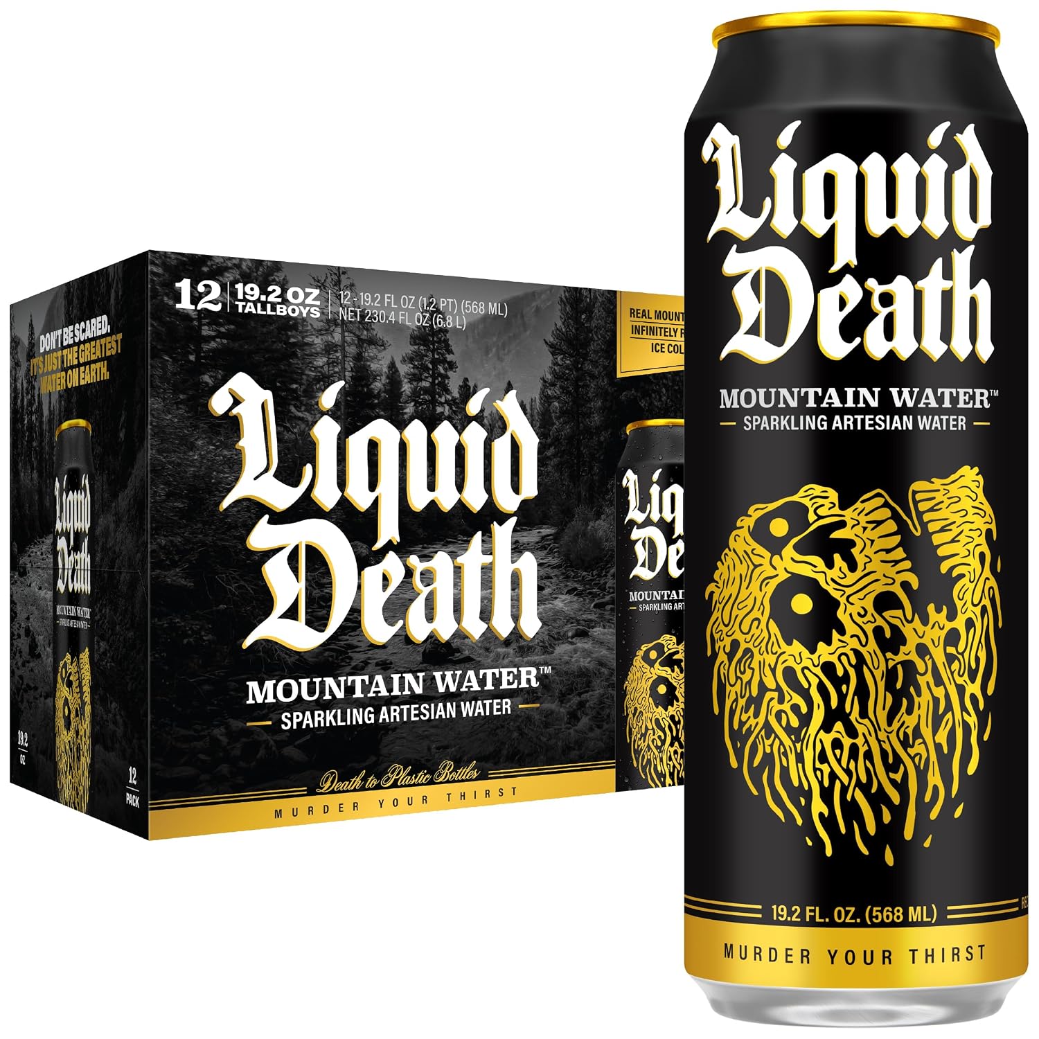 Liquid Death Sparkling Mountain Water, Real Mountain Source, Ice-Cold Cans, Infinitely Recyclable, King Size 19.2 Fl Oz (Pack of 12)