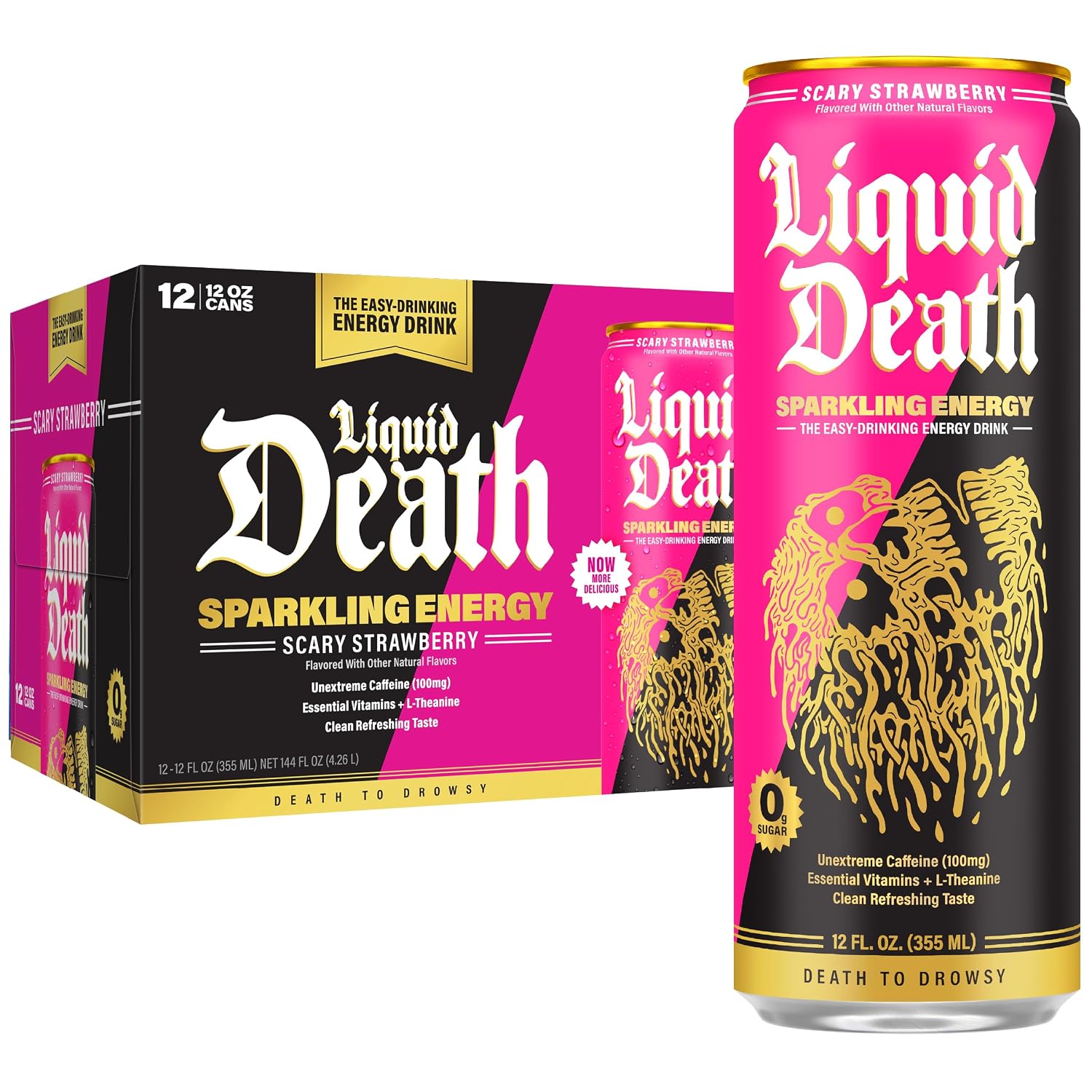 Liquid Death Sparkling Energy - Scary Strawberry, Zero Sugar Energy Drink, Unextreme Caffeine 100mg, Essential Vitamins, 12 Fl Oz (Pack of 12)