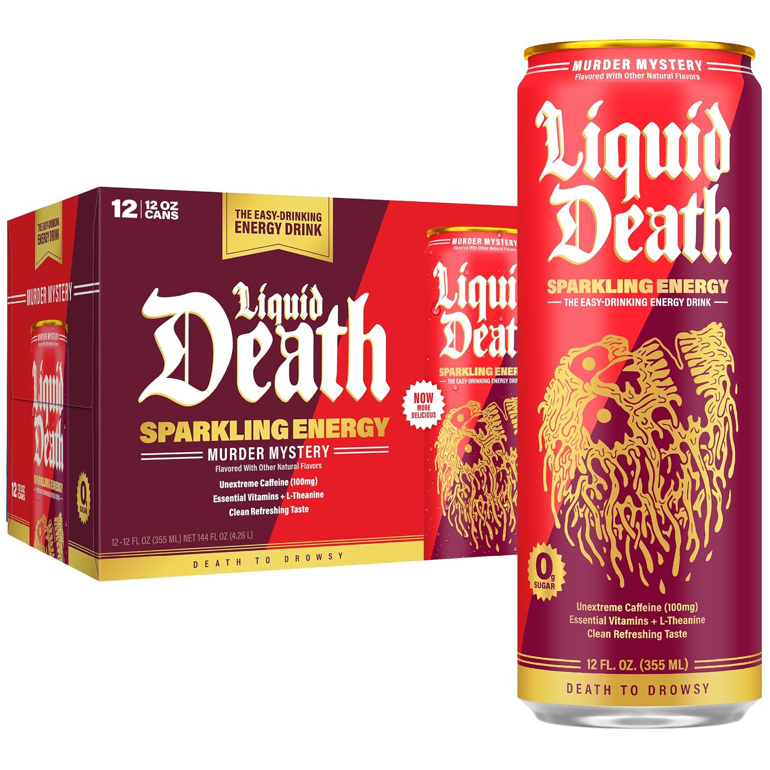 Liquid Death Sparkling Energy - Murder Mystery (Cherry, Cream, Spice), Zero Sugar Energy Drink, Unextreme Caffeine 100mg, Essential Vitamins, 12 Fl Oz (Pack of 12)