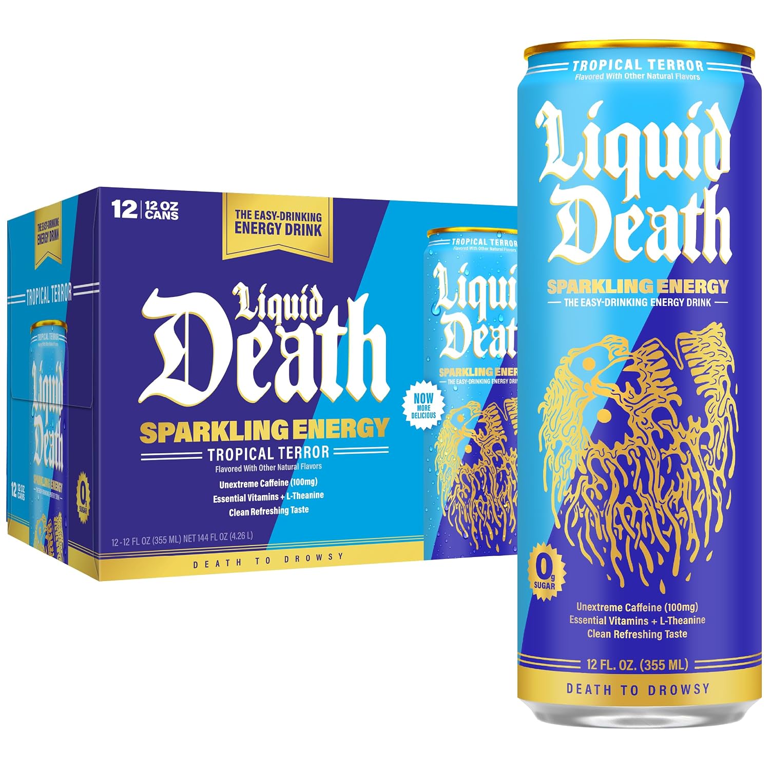 Liquid Death Sparkling Energy - Tropical Terror (Classic Piña Colada), Zero Sugar Energy Drink, Unextreme Caffeine 100mg, Essential Vitamins, 12 Fl Oz (Pack of 12)