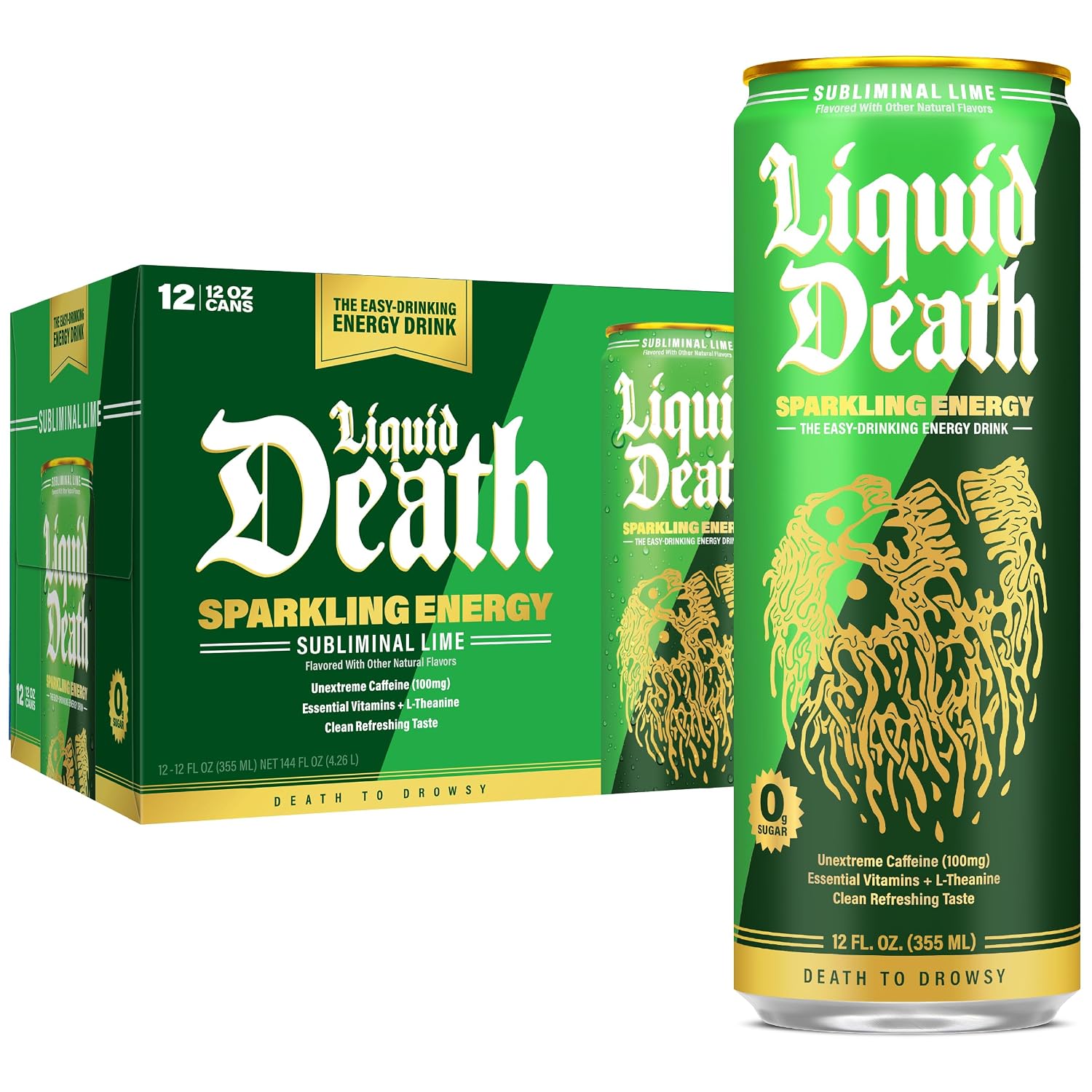Liquid Death Energy - Subliminal Lime (Lemon Lime), Zero Sugar Energy Drink, Unextreme Caffeine 100mg, Essential Vitamins, 12 Fl Oz (Pack of 12)