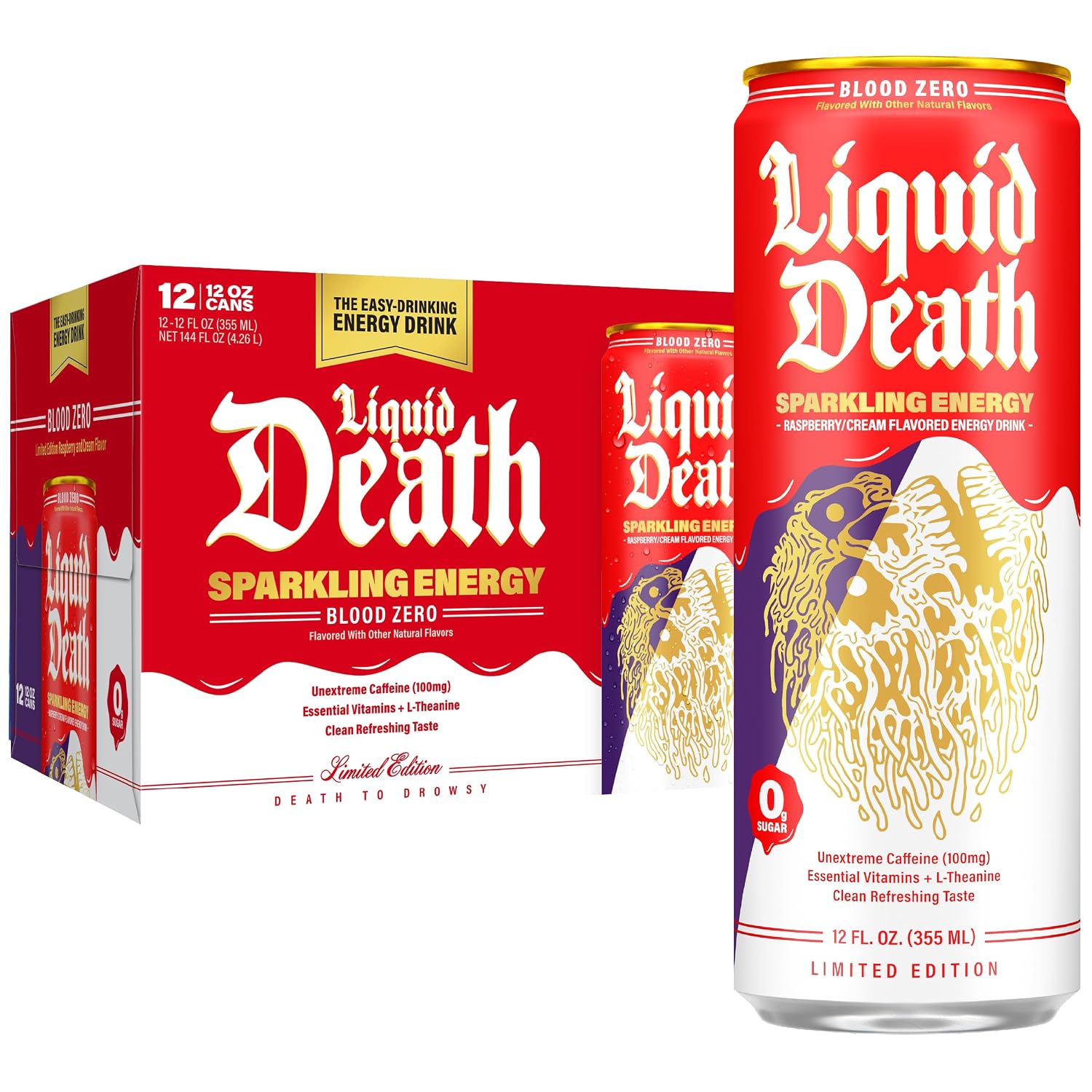 Liquid Death Energy - Blood Zero (Raspberry Cream), Zero Sugar Energy Drink, Unextreme Caffeine 100mg, Essential Vitamins, 12 Fl Oz (Pack of 12)