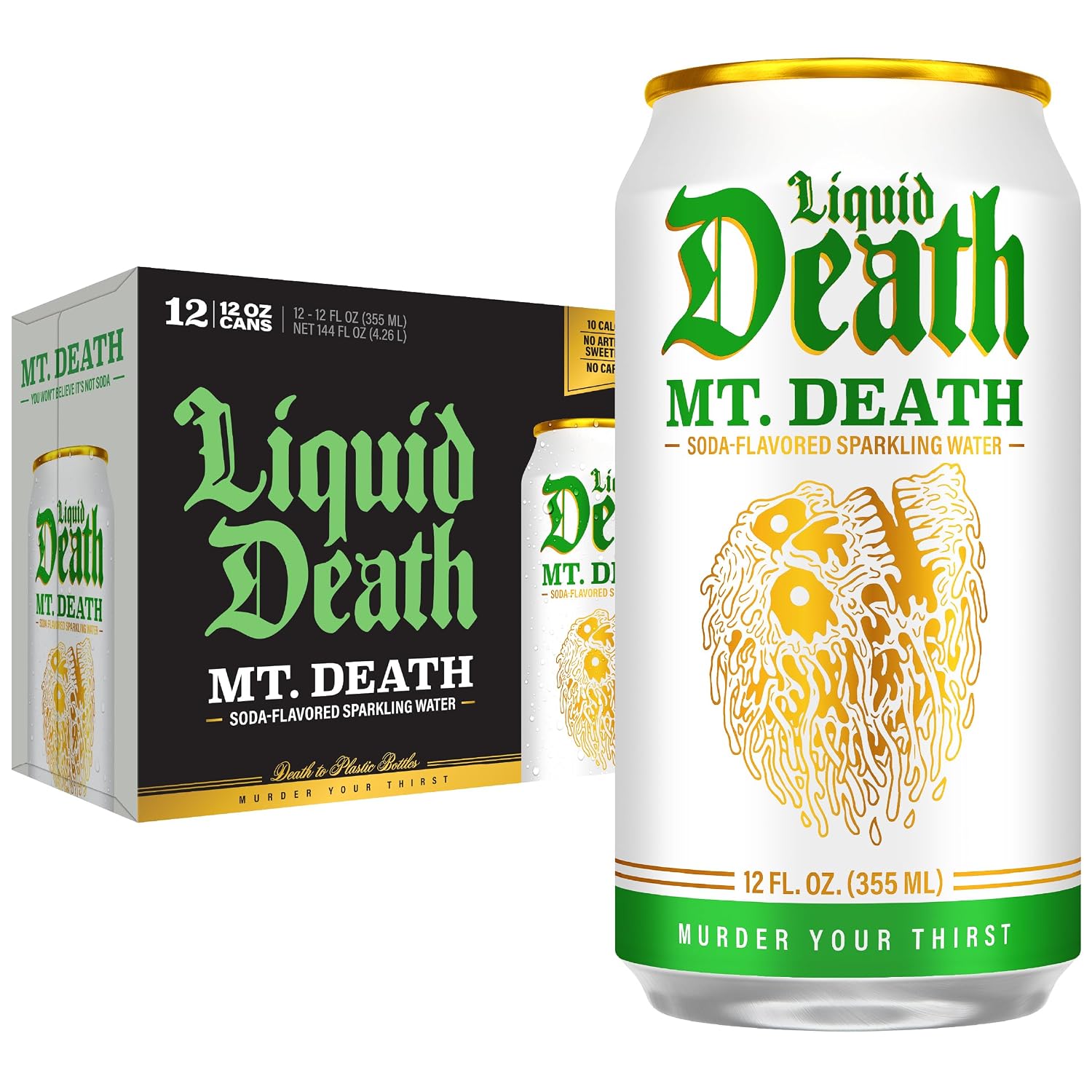 Liquid Death Soda Alternative - Mt. Death (Citrus Soda), 10 Calories, 2g Sugar, No Caffeine, No Artificial Colors or Dyes, Soda Flavored Sparkling Water, 12 Fl Oz (Pack of 12)