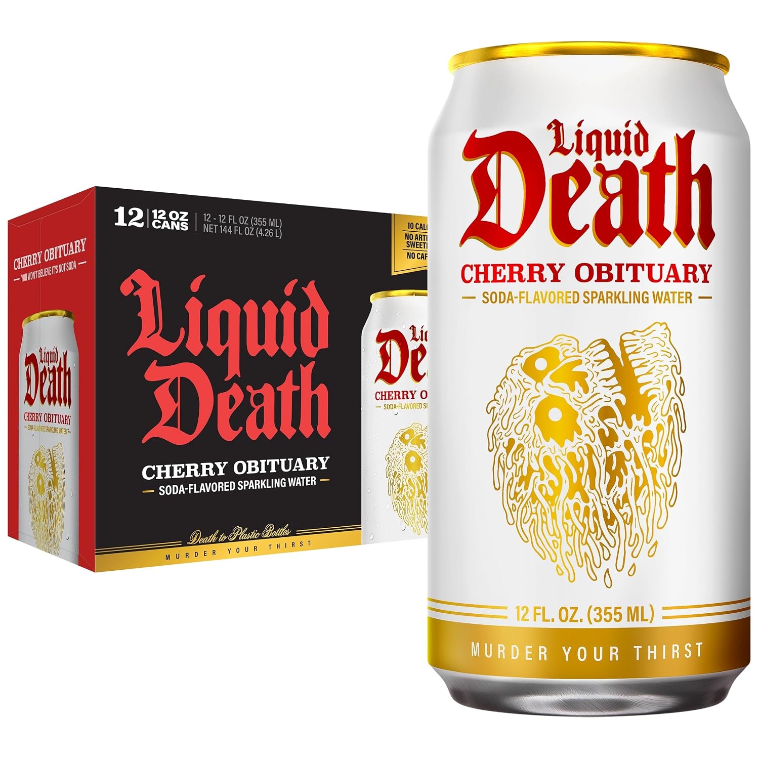 Liquid Death Soda Alternative - Cherry Obituary, 10 Calories, 2g Sugar, No Caffeine, No Artificial Colors or Dyes, Soda Flavored Sparkling Water, 12 Fl Oz (Pack of 12)