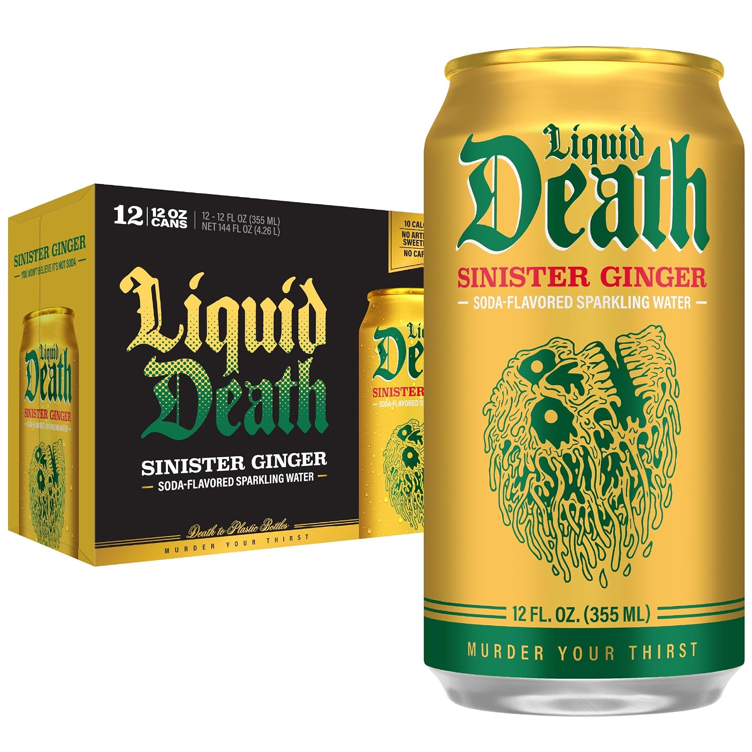 Liquid Death Soda Alternative - Sinister Ginger (Classic Ginger Ale), 10 Calories, 2g Sugar, No Caffeine, No Artificial Colors or Dyes, Soda Flavored Sparkling Water, 12 Fl Oz (Pack of 12)