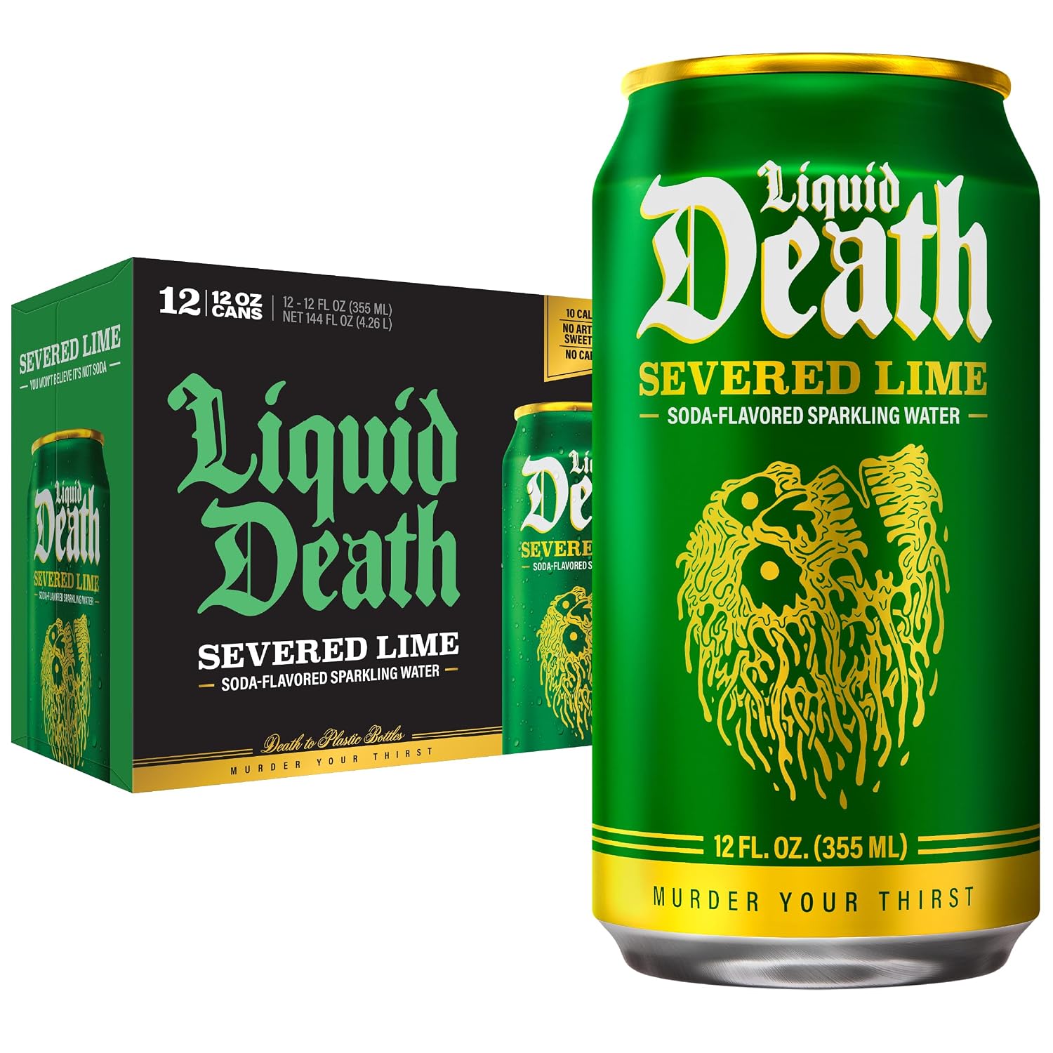Liquid Death Soda Alternative - Severed Lime (Classic Lime Soda), 10 Calories, 2g Sugar, No Caffeine, No Artificial Colors or Dyes, Soda Flavored Sparkling Water, 12 Fl Oz (Pack of 12)