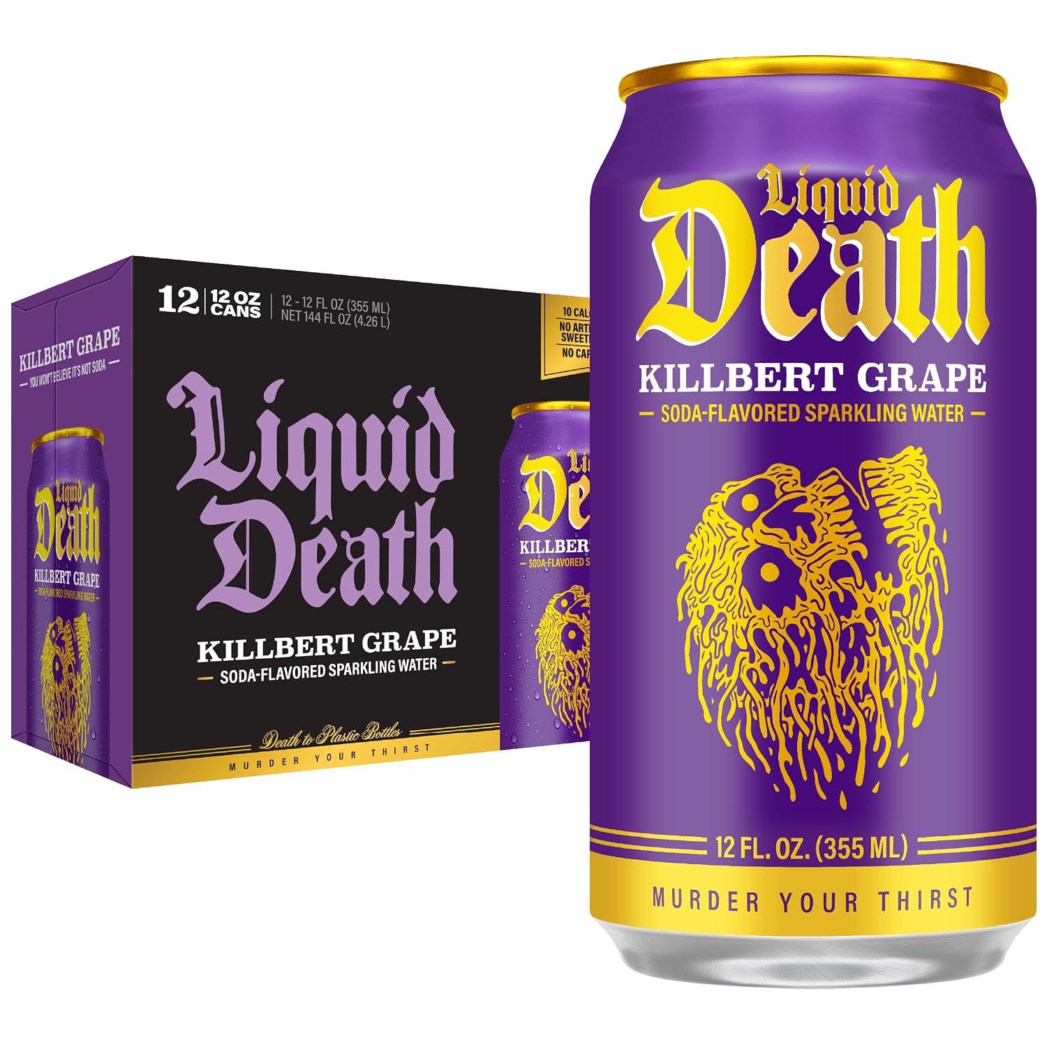 Liquid Death Soda Alternative - Killbert Grape, 10 Calories, 2g Sugar, No Caffeine, No Artificial Colors or Dyes, Soda Flavored Sparkling Water, 12 Fl Oz (Pack of 12)