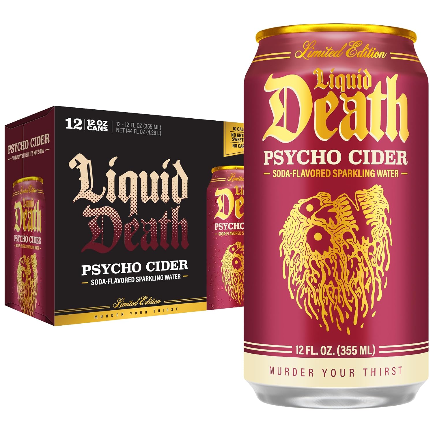 Liquid Death Soda-Flavored Sparkling Water - Psycho Cider (Apple Cinnamon), Less Sugar*, Huge Flavor, No Caffeine, No Artificial Sweeteners, 12 Fl Oz (Pack of 12)