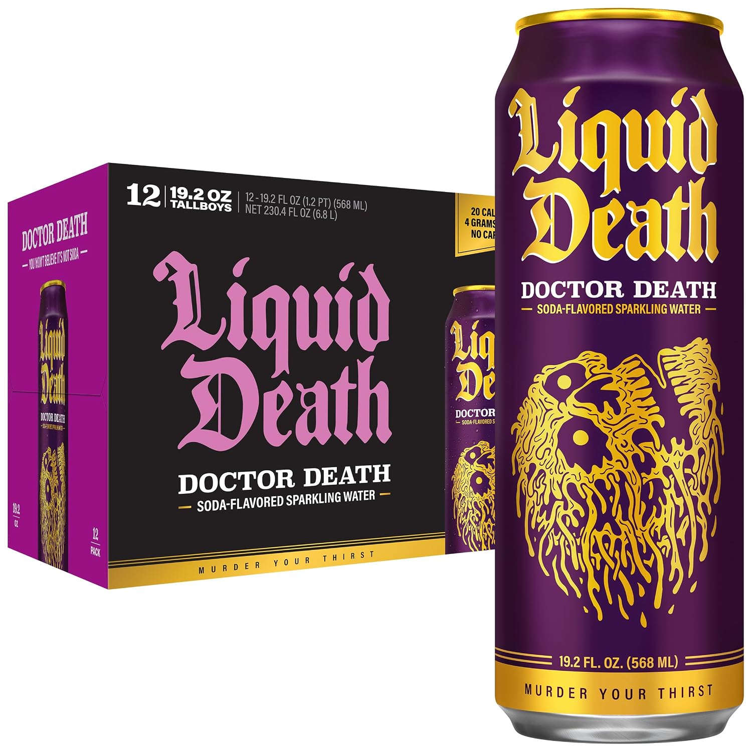 Liquid Death Soda Alternative - Doctor Death (Cherry, Cream, Spice), 20 Calories, 4g Sugar, No Caffeine, No Artificial Colors or Dyes, Soda Flavored Sparkling Water, 19.2 Fl Oz (Pack of 12)