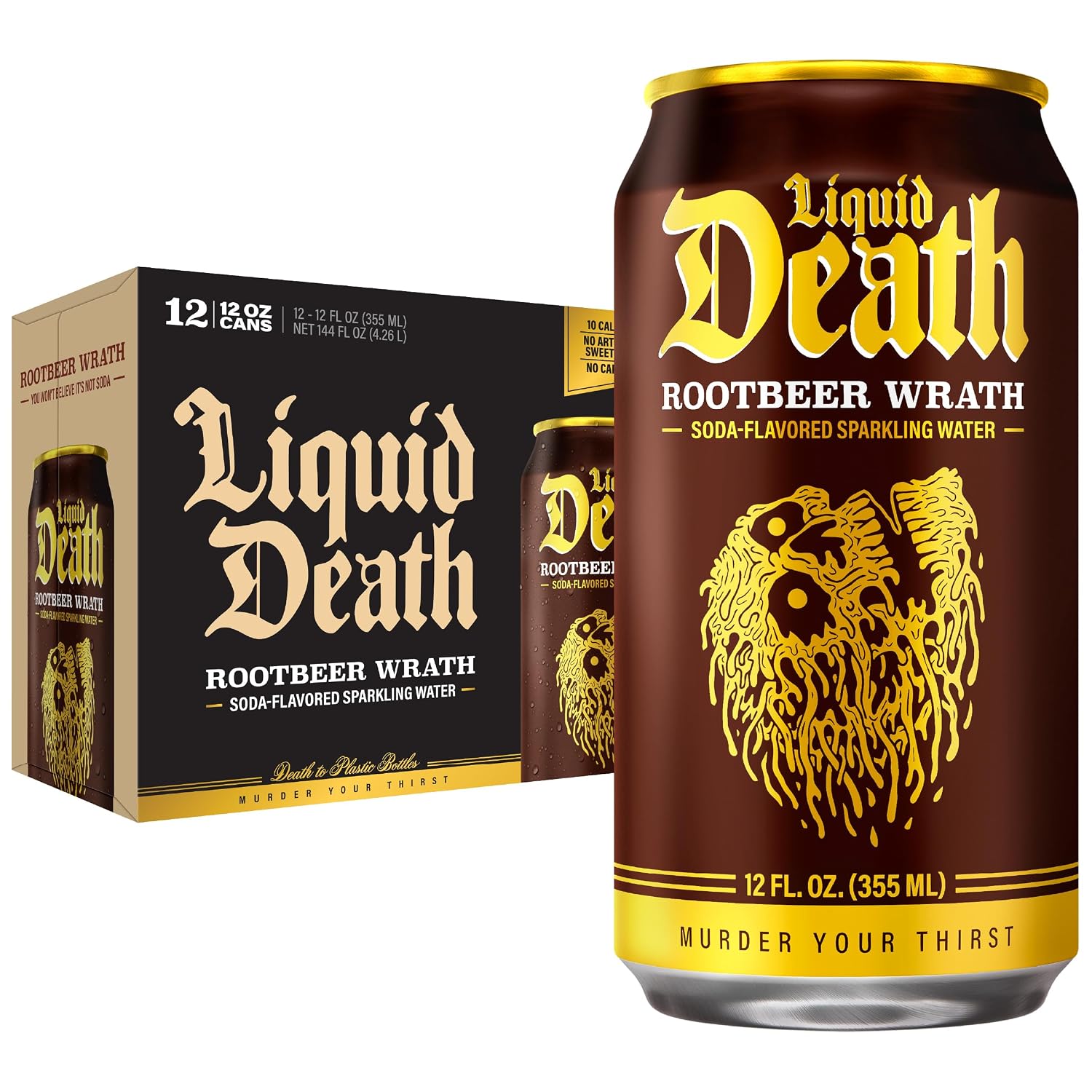 Liquid Death Soda Alternative - Rootbeer Wrath, 10 Calories, 2g Sugar, No Caffeine, No Artificial Colors or Dyes, Soda Flavored Sparkling Water, 12 Fl Oz (Pack of 12)