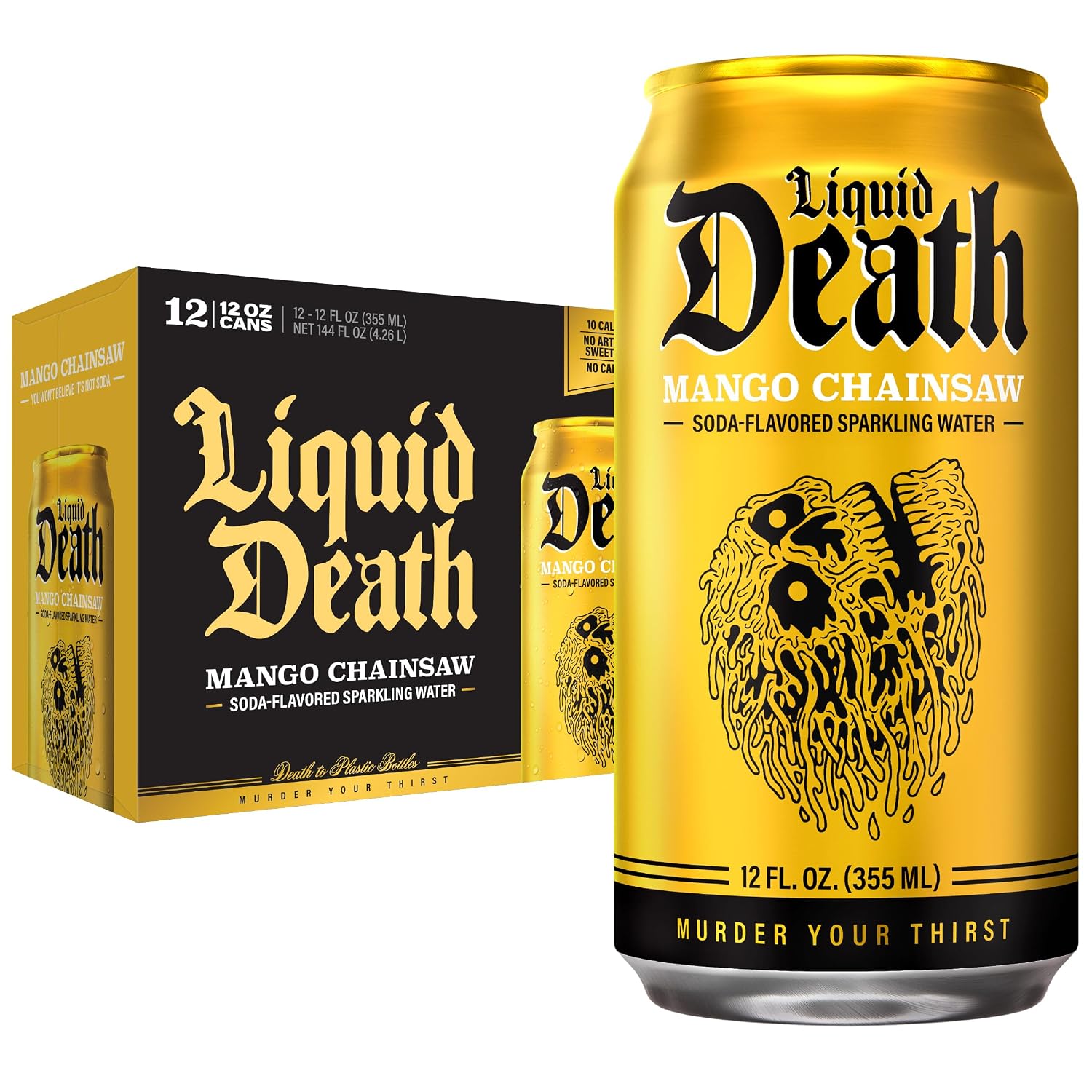 Liquid Death Soda Alternative - Mango Chainsaw (Mango, Orange), 10 Calories, 2g Sugar, No Caffeine, No Artificial Colors or Dyes, Soda Flavored Sparkling Water, 12 Fl Oz (Pack of 12)