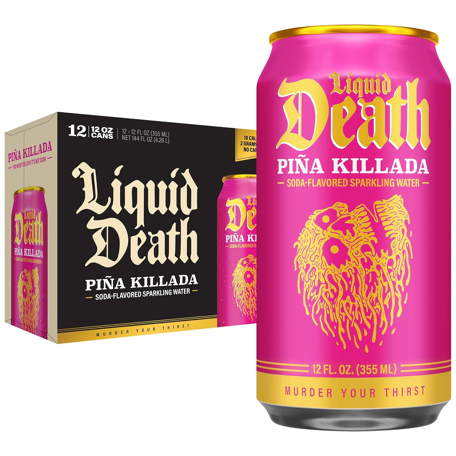 Liquid Death Soda Alternative - Piña Killada (Classic Piña Colada), 10 Calories, 2g Sugar, No Caffeine, No Artificial Colors or Dyes, Soda Flavored Sparkling Water, 12 Fl Oz (Pack of 12)