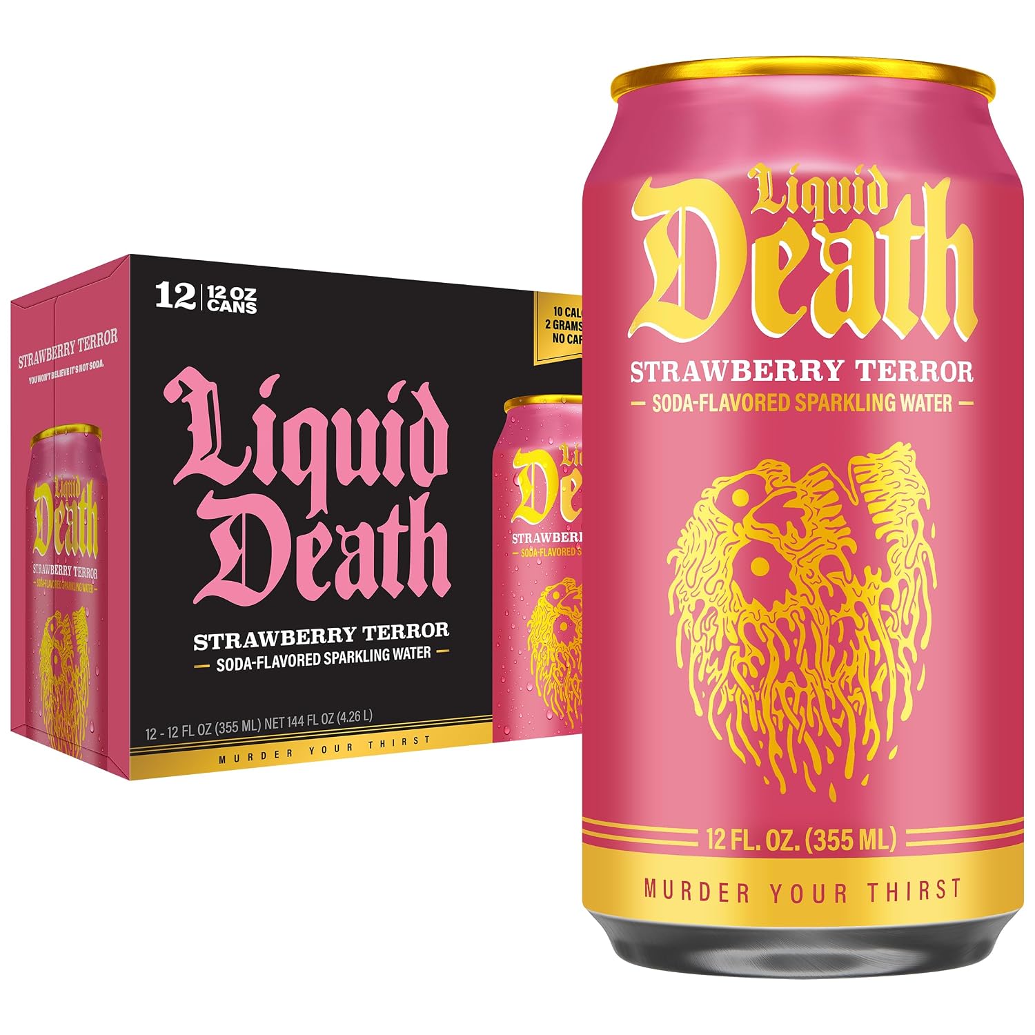Liquid Death Soda Alternative - Strawberry Terror, 10 Calories, 2g Sugar, No Caffeine, No Artificial Colors or Dyes, Soda Flavored Sparkling Water, 12 Fl Oz (Pack of 12)