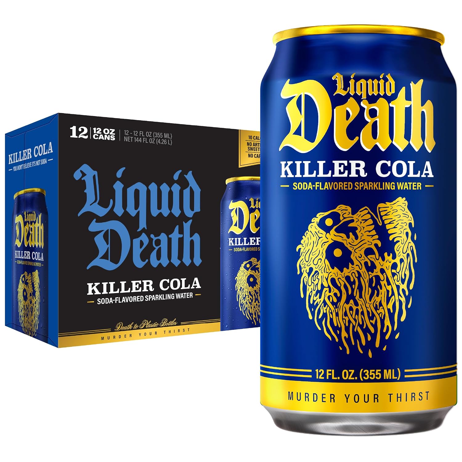 Liquid Death Soda Alternative - Killer Cola, 10 Calories, 2g Sugar, No Caffeine, No Artificial Colors or Dyes, Soda Flavored Sparkling Water, 12 Fl Oz (Pack of 12)