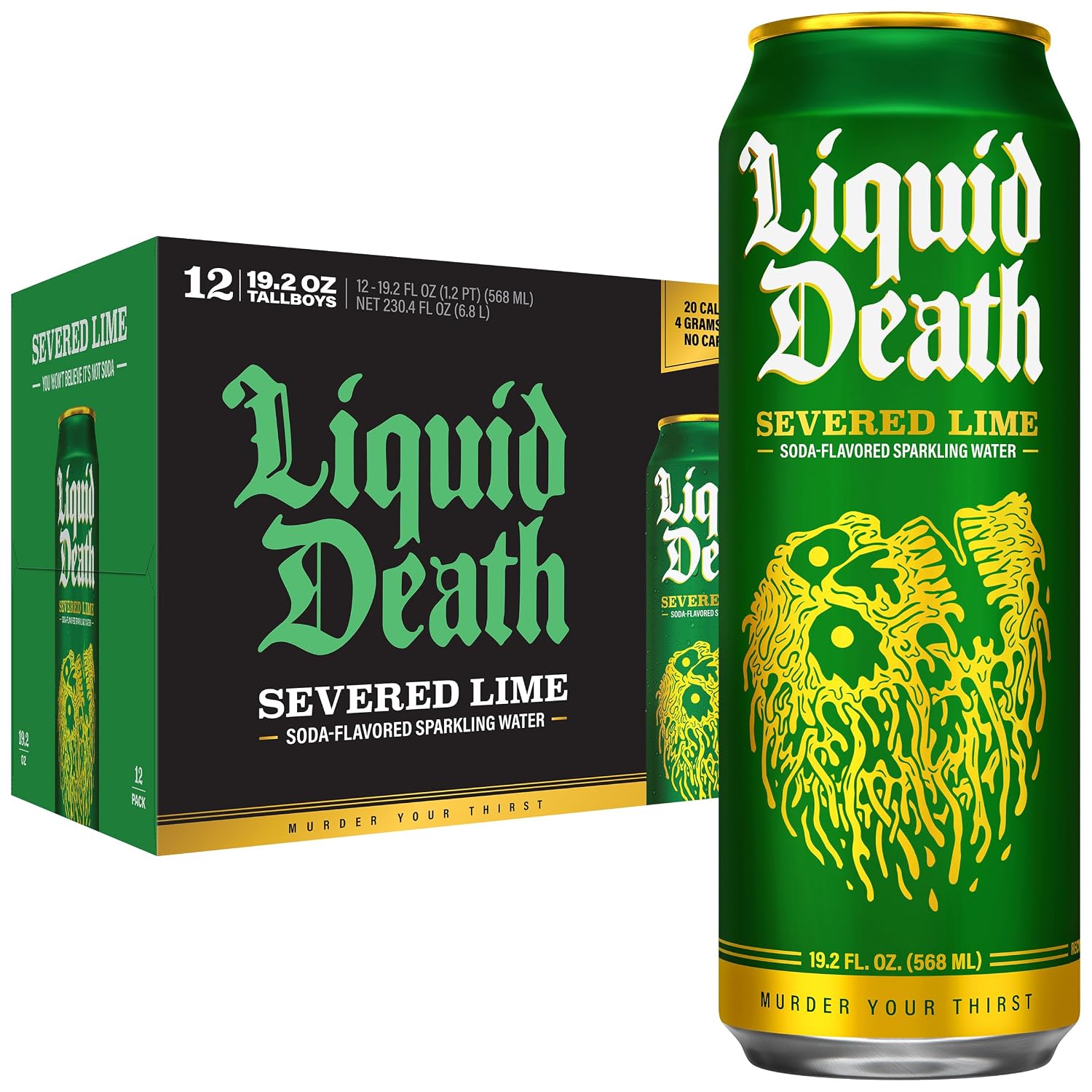 Liquid Death Soda Alternative - Severed Lime (Classic Lime Soda), 20 Calories, 4g Sugar, No Caffeine, No Artificial Colors or Dyes, Soda Flavored Sparkling Water, 19.2 Fl Oz (Pack of 12)