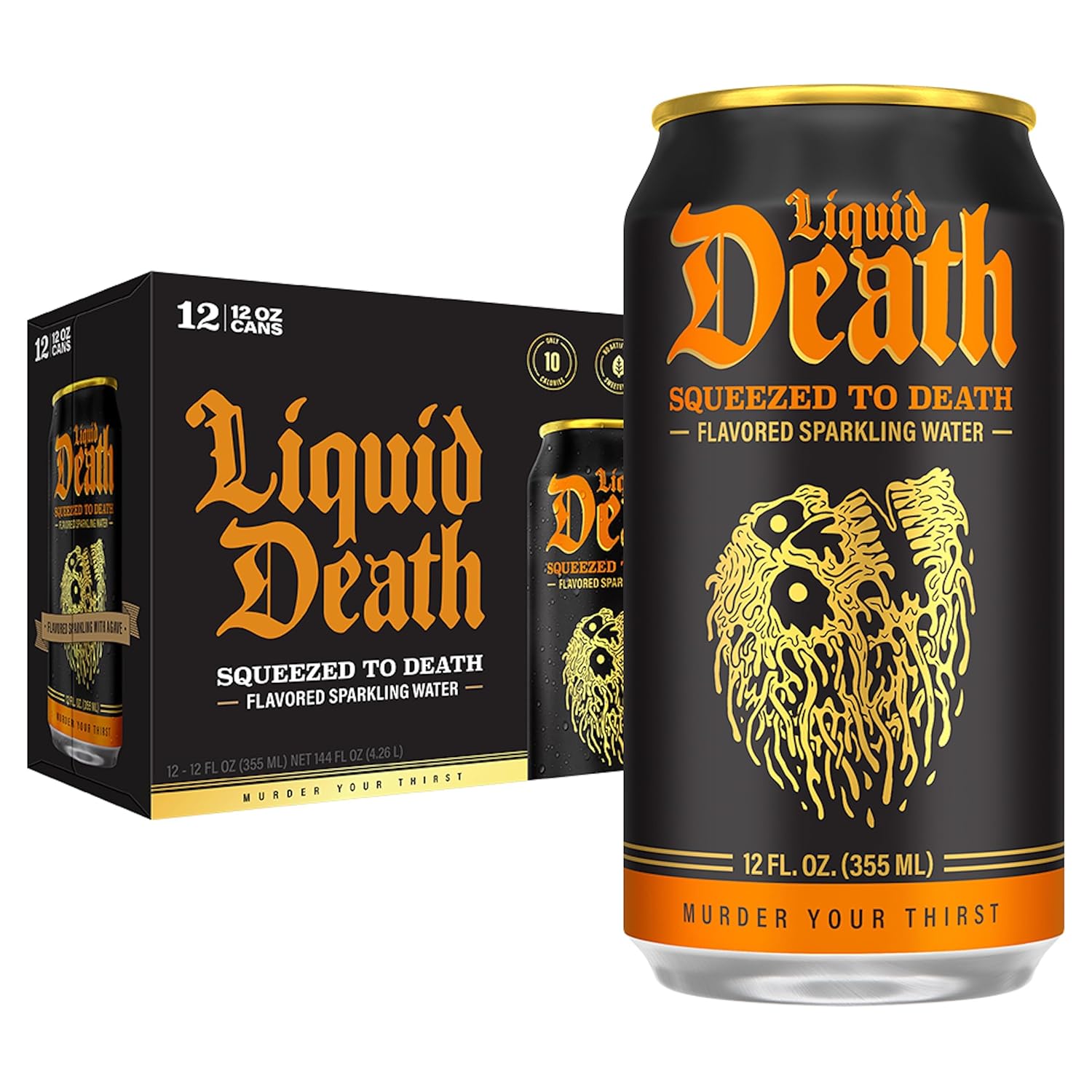 Liquid Death Soda Alternative - Squeezed to Death (Classic Orange Soda), 10 Calories, 2g Sugar, No Caffeine, No Artificial Colors or Dyes, Soda Flavored Sparkling Water, 12 Fl Oz (Pack of 12)