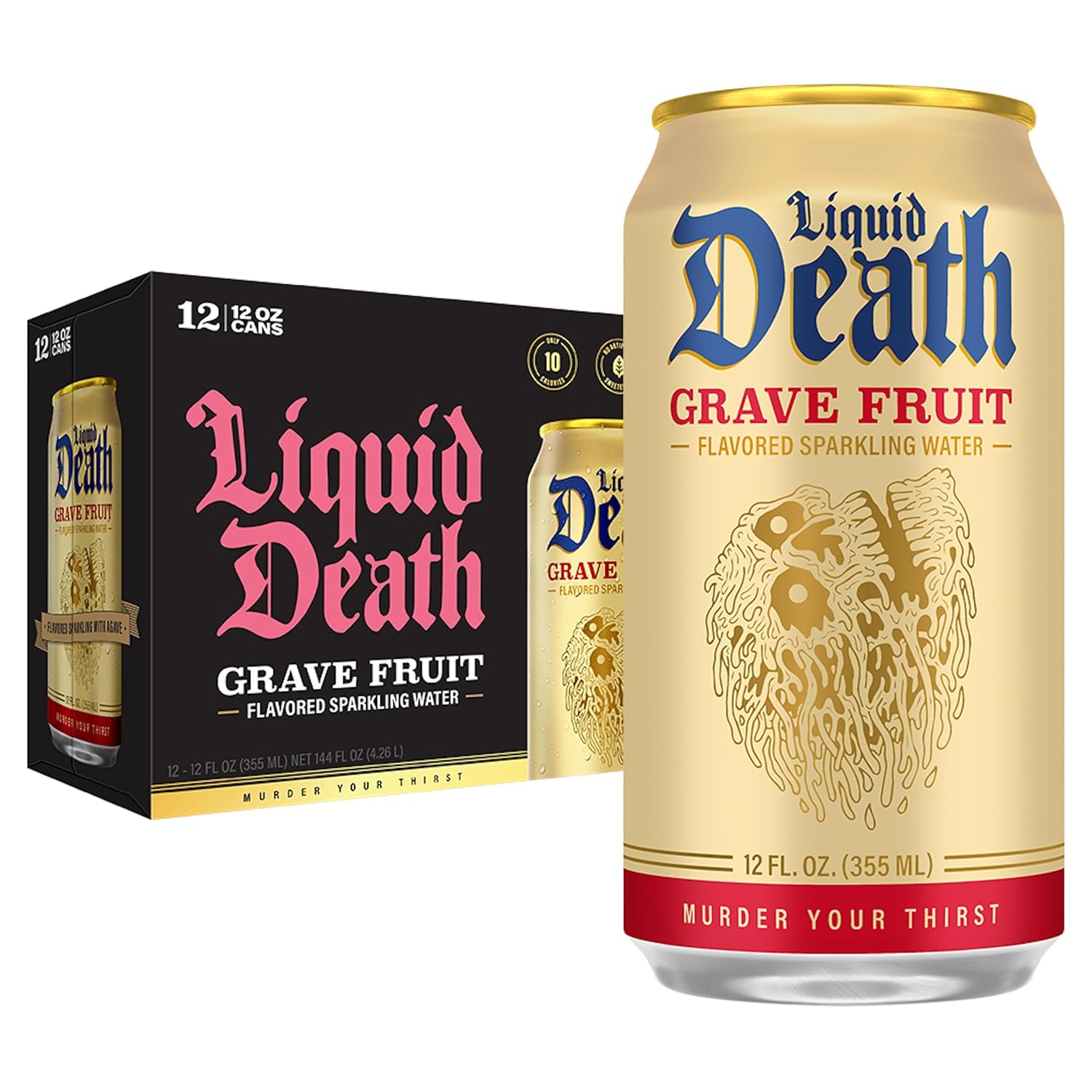 Liquid Death Soda-Flavored Sparkling Water - Grave Fruit (Grapefruit Flavor), Less Sugar*, Huge Flavor, No Caffeine, No Artificial Sweeteners, 12 Fl Oz (Pack of 12)