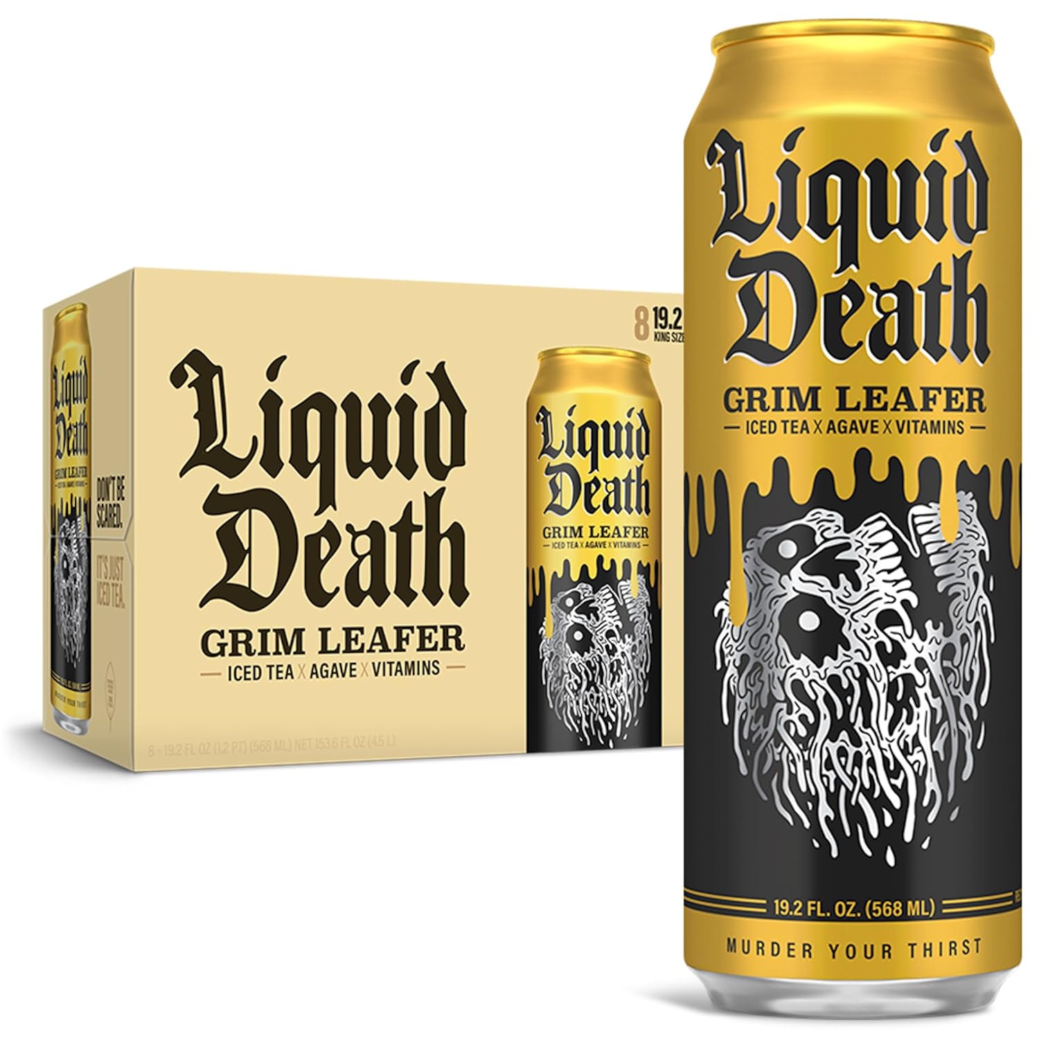 Liquid Death, Grim Leafer Iced Tea, 8-Pack (19.2oz Cans), Southern Style Sweet Tea, Low Calorie, No Artificial Sweeteners, B12 & B6 Vitamins