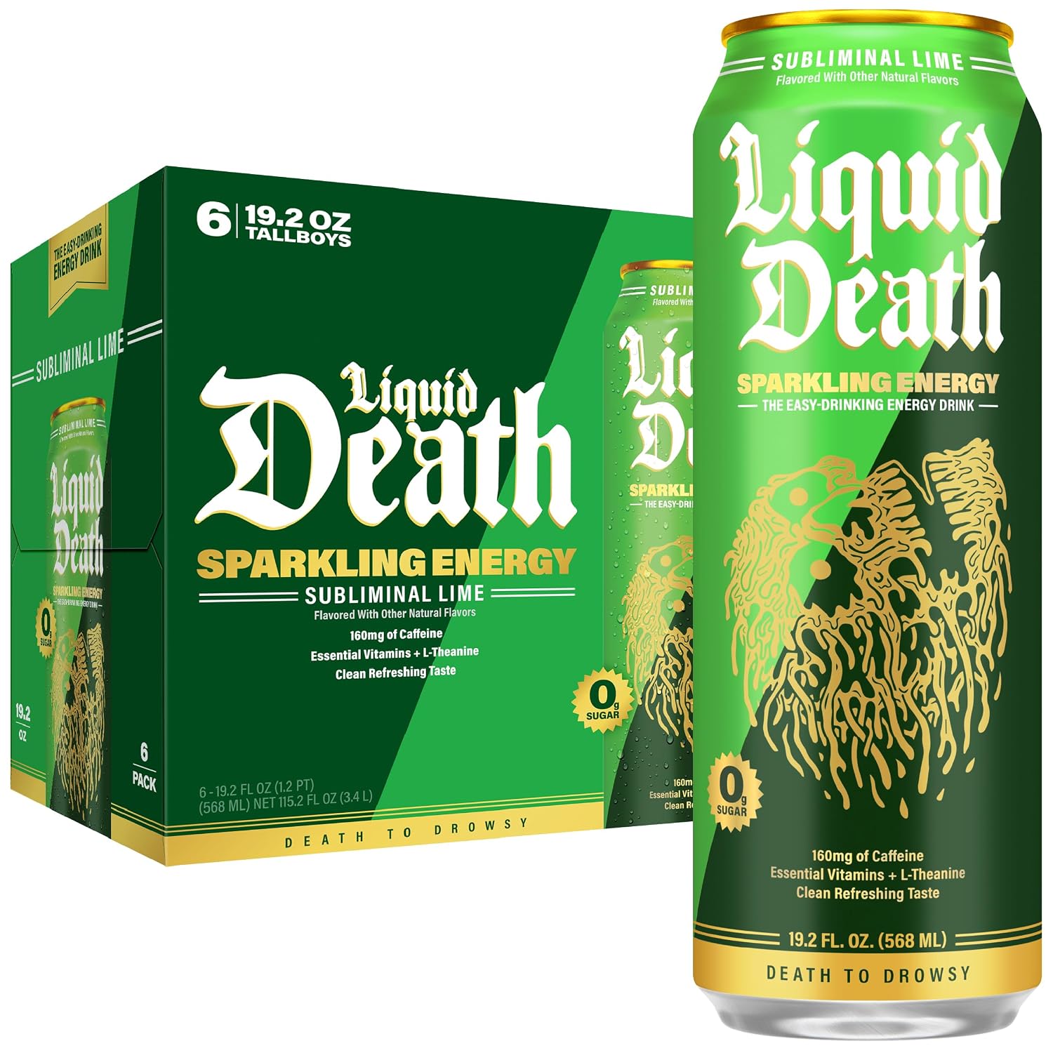 Liquid Death Energy - Subliminal Lime, Zero Sugar Energy Drink, Unextreme Caffeine 160mg, Essential Vitamins, 19.2 Fl Oz (Pack of 6)