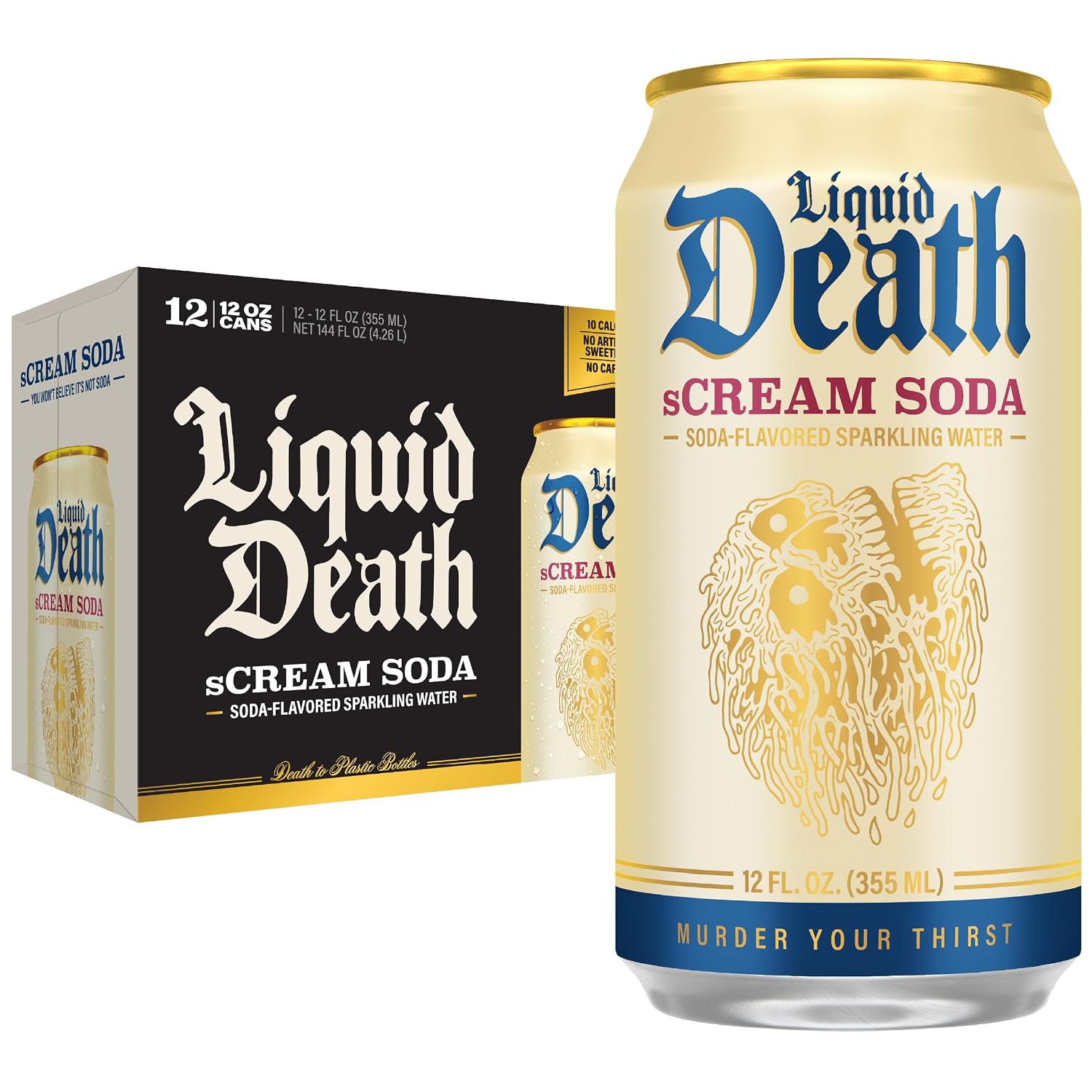 Liquid Death Soda Alternative - sCREAM Soda, 10 Calories, 2g Sugar, No Caffeine, No Artificial Colors or Dyes, Soda Flavored Sparkling Water, 12 Fl Oz (Pack of 12)