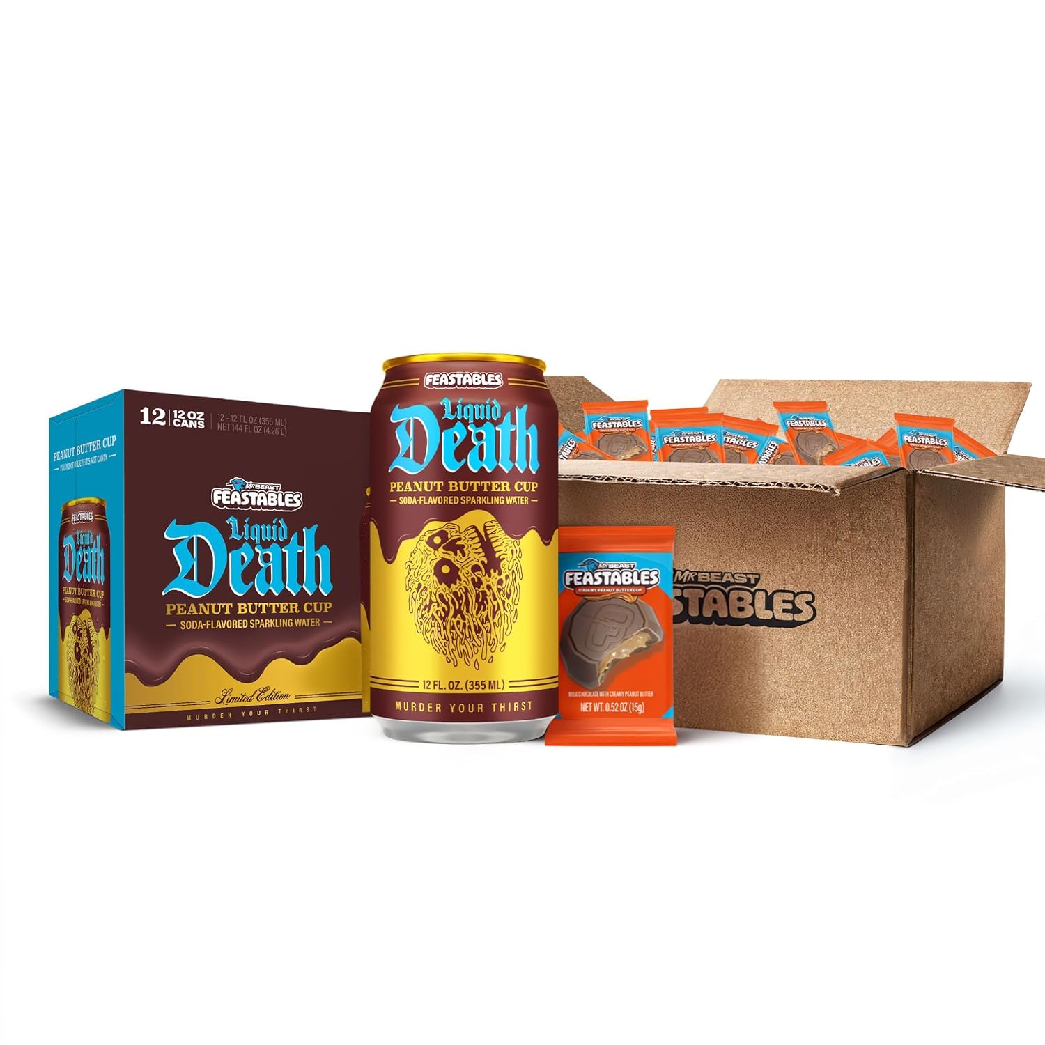 MrBeast Feastables Peanut Butter Cups Milk Chocolate 2lb Box + Liquid Death Soda-Flavored Sparkling Water Peanut Butter Cup 12 Fl Oz Pack of 12